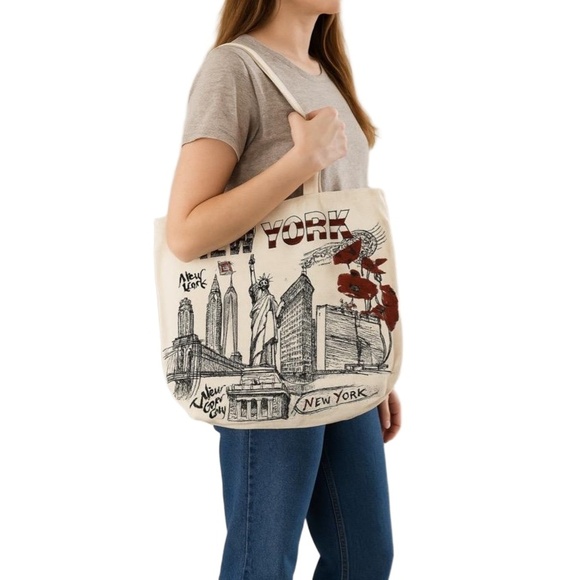 Canvas New York City Print Twin Handles Modern Tote Bag Zippered top - Picture 1 of 6
